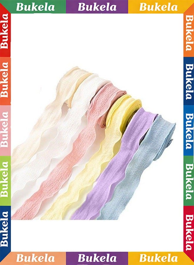 Bukela 6 Rolls of Double-Sided Satin Ribbon, 1 inch x 10 yards (Total 60 yards),Polyester Crinkle Ribbon for DIY Crafts, Bows, Gift Wrapping - Frayed Edge Linen Wave Ribbons for Bouquets, Cake Decor, Flower Packaging - Image 1